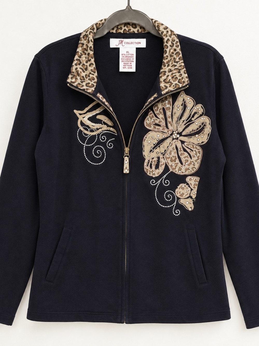 JM Collection Black Zip Jacket with Leopard and Rhinestone Floral Appliqué
